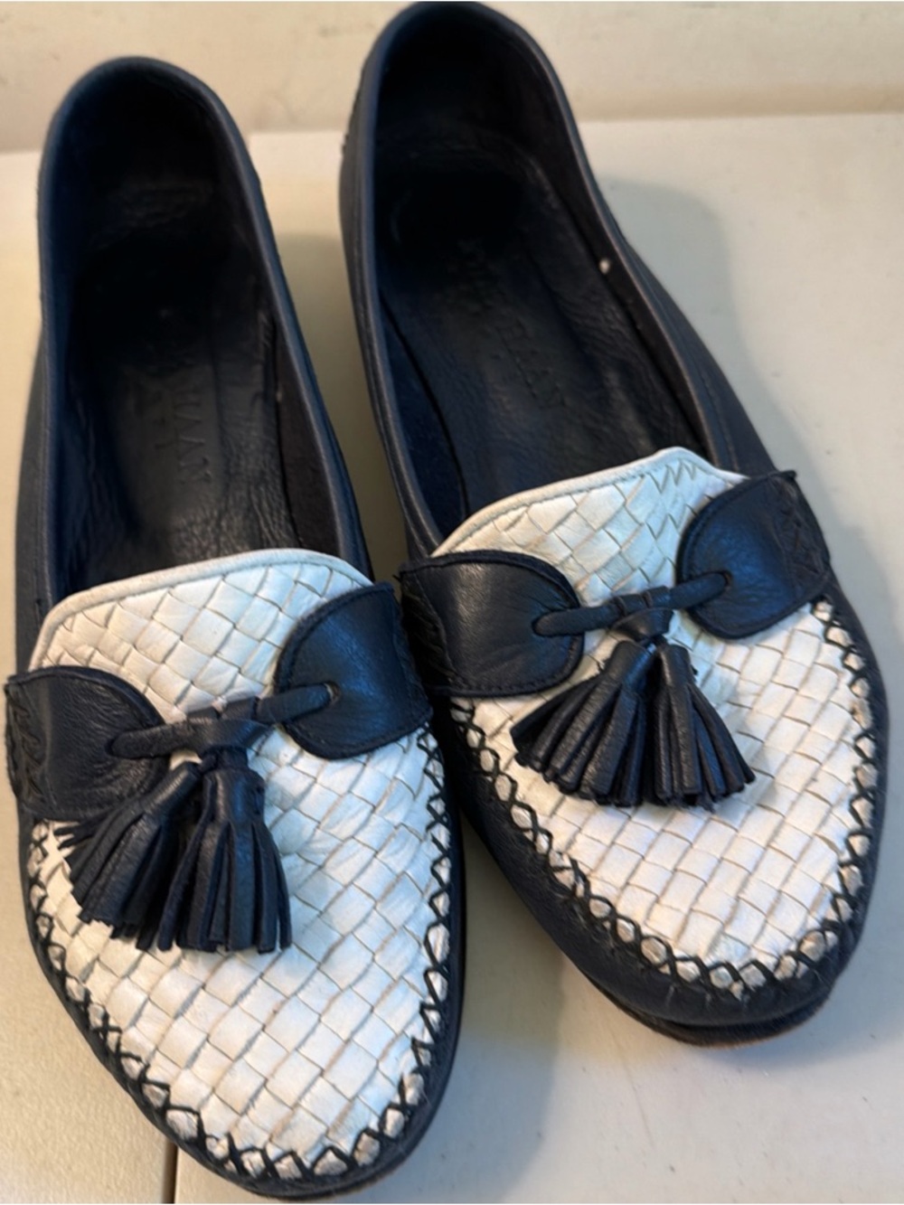 Cole Haan Navy and White Woven Tassel Loafers